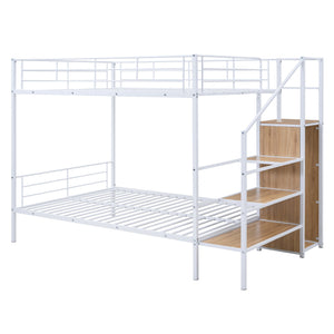 English Elm Full Metal Bunk Bed with Desk, Lateral 3-Tier Ladder Shelves and Under-Ladder Wardrobe for Space-Saving Teens White SF000083AAK