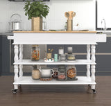 English Elm 56 Inch Rolling Kitchen Island With Storage,Kitchen Cart With Solid Oak Wood Top,Two-Sided Kitchen Island Cart On Wheels ,Wine and Spice Rack, Large Kitchen Cart With 2 Drawers, Milk White+Natural Top