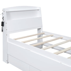 English Elm Twin Platform Bed with LED Headboard, Trundle & 3 Drawers White — Storage, Solid Wood Design GX000722AAK