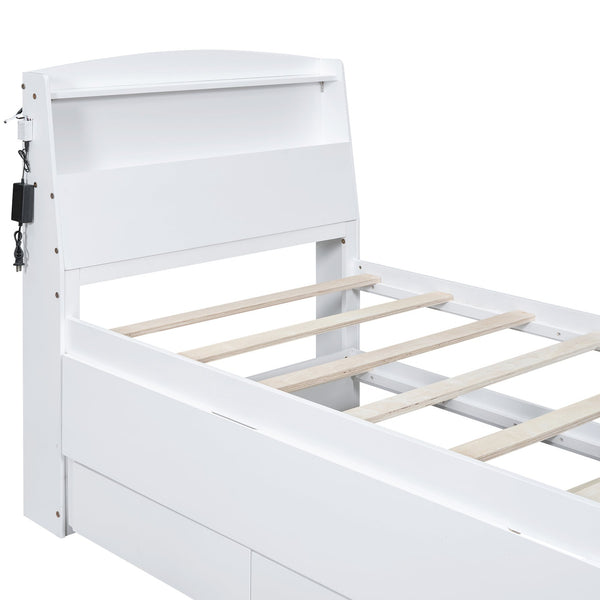 English Elm Twin Platform Bed with LED Headboard, Trundle & 3 Drawers White — Storage, Solid Wood Design GX000722AAK