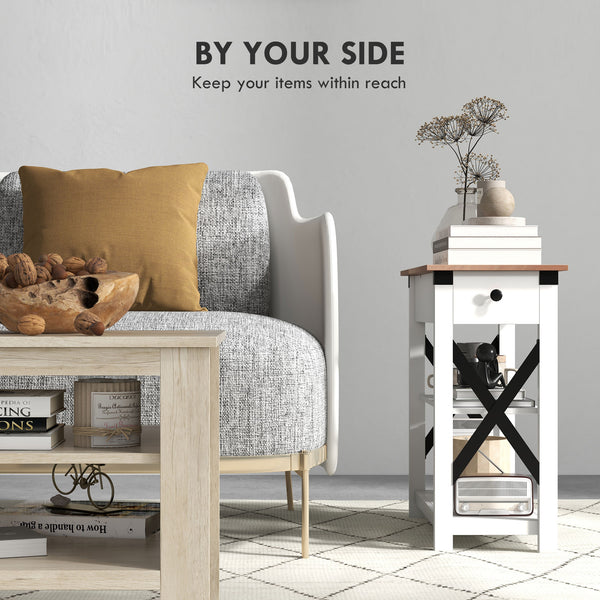 English Elm HOMCOM Compact Side Table with Charging Station, 2 USB + Outlet, 2-Tier Shelves & Cabinet Storage W2225P156069