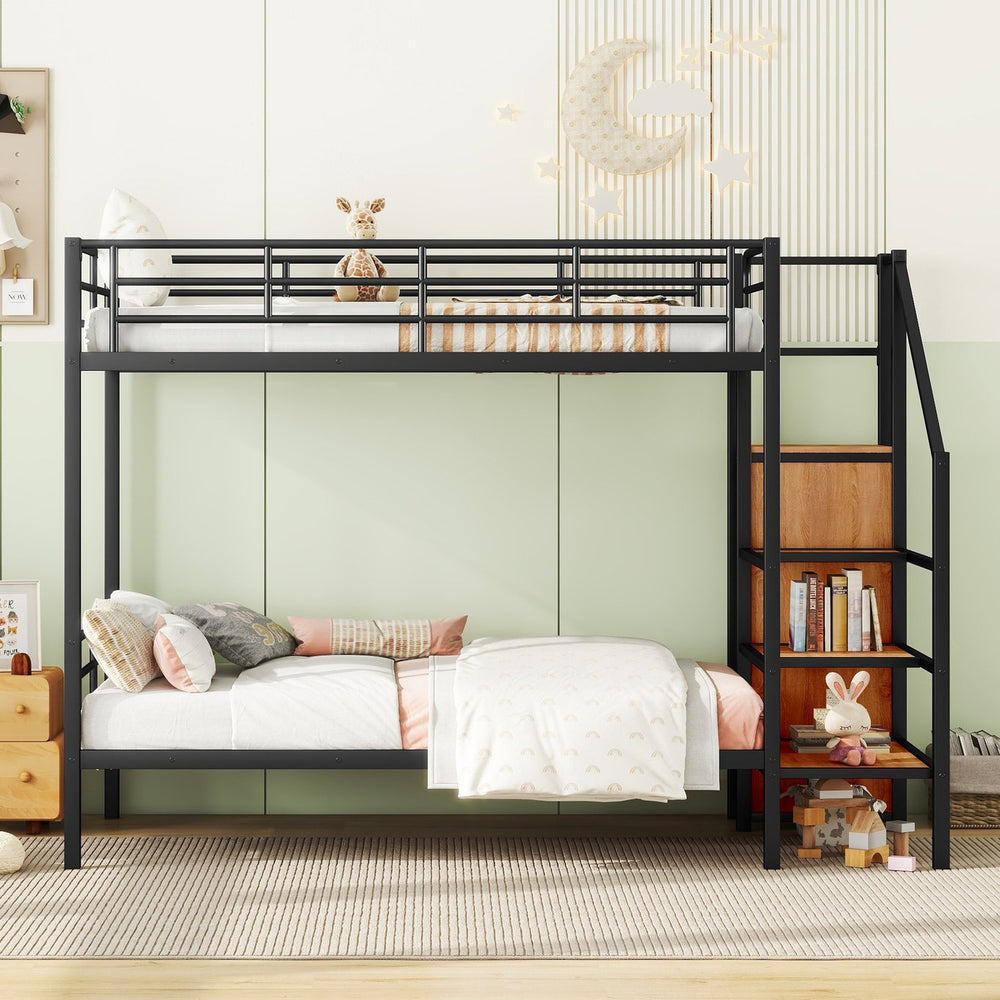 English Elm Twin Metal Bunk Bed with Built-In Desk, Lateral Storage Ladder and Under-Ladder Wardrobe Space-saving design for kids and teens Black MF315578AAB