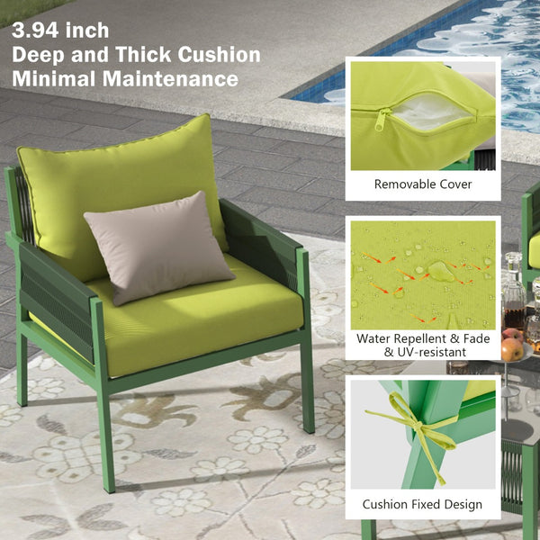 English Elm K&k Outdoor 4 Piece Rope Woven Patio Set with Tempered Glass Table Deep Cushions Green SK000003AAE