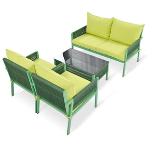 English Elm K&k Outdoor 4 Piece Rope Woven Patio Set with Tempered Glass Table Deep Cushions Green SK000003AAE