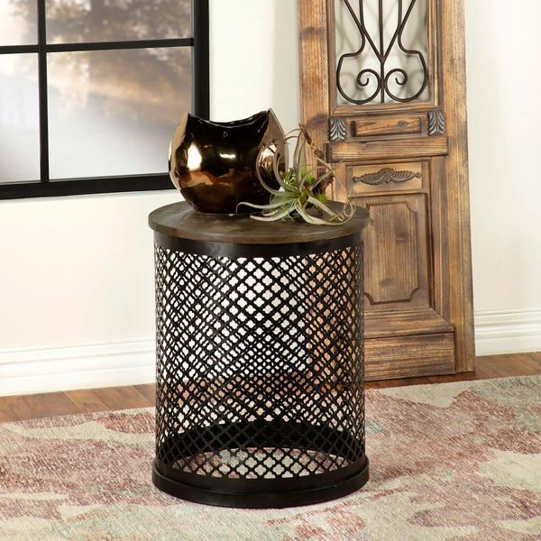 English Elm Natural Mango Drum Accent Table with Black Crisscross Lattice Base, Eco-Friendly Mango Wood Top, 22" high B062P153918