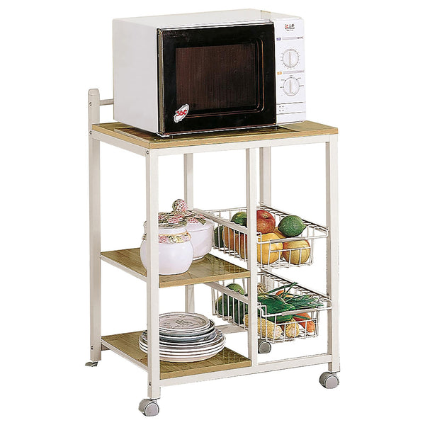 English Elm Natural Brown and White Kitchen Cart with Microwave Top, Two Shelves & Pullout Baskets for Compact Organization B062P153920