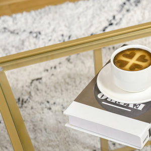 English Elm HOMCOM Gold Tempered Glass Coffee Table with Two Staggered Square Tops, Modern Stable Accent Table W2225P156093