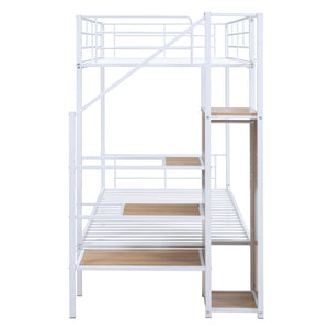 English Elm Twin Metal Bunk Bed with Built-In Desk, Lateral Storage Ladder and Under-Ladder Wardrobe Space-saving design for kids and teens White MF315578AAK