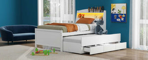 English Elm Twin Platform Bed with LED Headboard, Trundle & 3 Drawers White — Storage, Solid Wood Design GX000722AAK