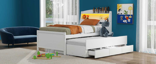 English Elm Twin Platform Bed with LED Headboard, Trundle & 3 Drawers White — Storage, Solid Wood Design GX000722AAK