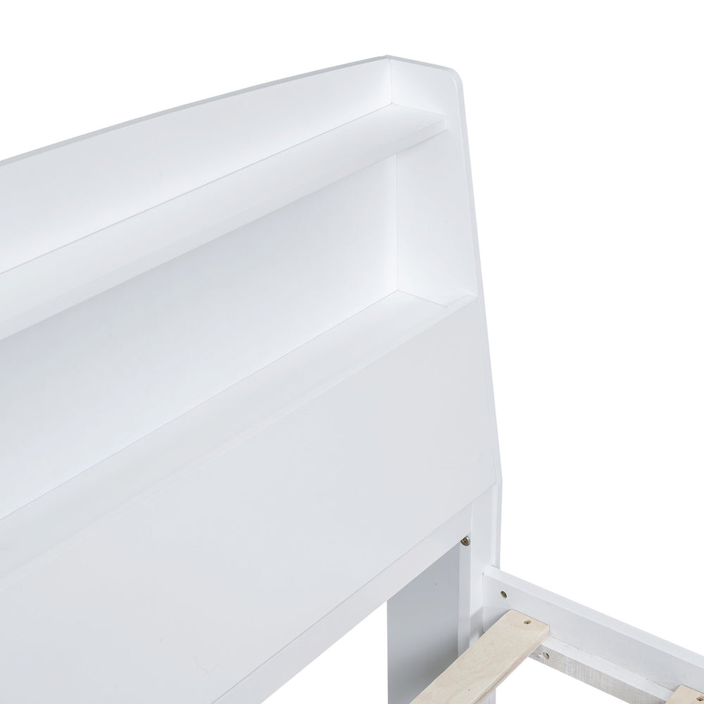 English Elm Full Full Size Platform Bed with LED Headboard, Storage Drawers & Twin Trundle, Solid Wood White GX000723AAK