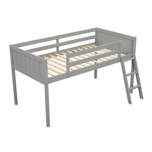 English Elm Twin Low Loft Bed with Ladder and Guardrails for Kids – Pine-MDF Durable Design, Safe Play Space Gray WF313084AAE