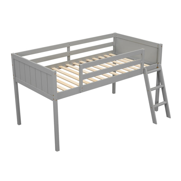 English Elm Twin Low Loft Bed with Ladder and Guardrails for Kids – Pine-MDF Durable Design, Safe Play Space Gray WF313084AAE