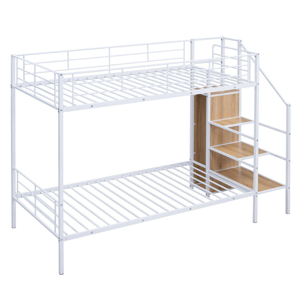 English Elm Twin Metal Bunk Bed with Built-In Desk, Lateral Storage Ladder and Under-Ladder Wardrobe Space-saving design for kids and teens White MF315578AAK