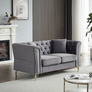 English Elm 60.2" Chesterfield Sofa Elegant Beige Velvet 2-Seater Tufted Couch with Metal Legs, Nailhead Trim for Living Room Grey W834S00175