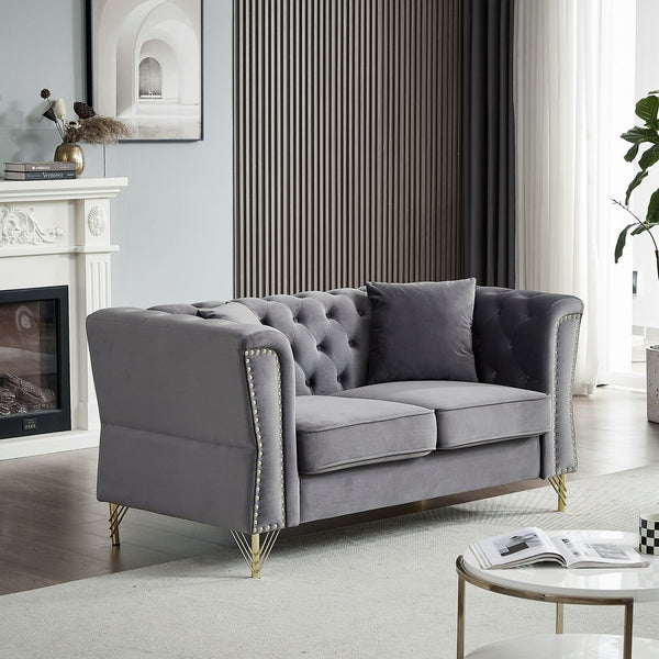 English Elm 60.2" Chesterfield Sofa Elegant Beige Velvet 2-Seater Tufted Couch with Metal Legs, Nailhead Trim for Living Room Grey W834S00175