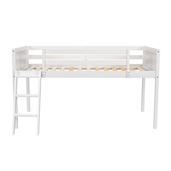 English Elm Twin Low Loft Bed with Ladder and Guardrails for Kids – Pine-MDF Durable Design, Safe Play Space White WF313084AAK