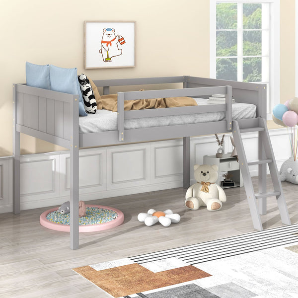 English Elm Twin Low Loft Bed with Ladder and Guardrails for Kids – Pine-MDF Durable Design, Safe Play Space Gray WF313084AAE