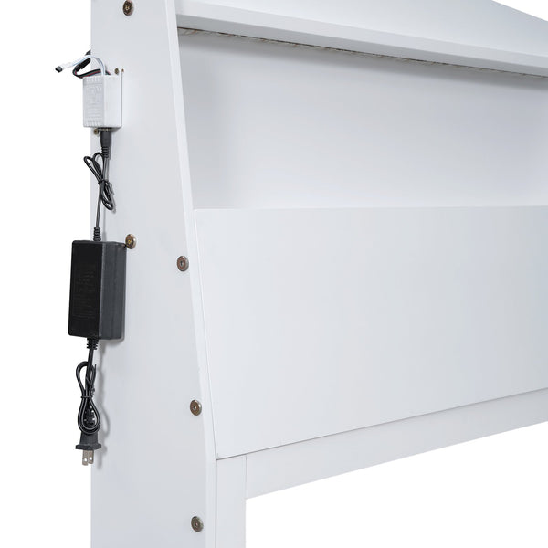 English Elm Twin Platform Bed with LED Headboard, Trundle & 3 Drawers White — Storage, Solid Wood Design GX000722AAK