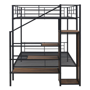 English Elm Full Metal Bunk Bed with Desk, Lateral 3-Tier Ladder Shelves and Under-Ladder Wardrobe for Space-Saving Teens Black SF000083AAB