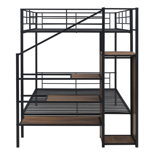 English Elm Full Metal Bunk Bed with Desk, Lateral 3-Tier Ladder Shelves and Under-Ladder Wardrobe for Space-Saving Teens Black SF000083AAB