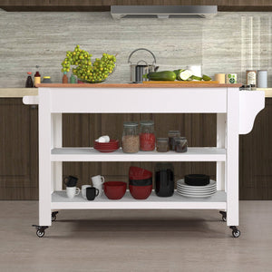 English Elm 57 Inch Rolling Kitchen Island With Storage,Kitchen Cart With Solid Oak Wood Top,Two-Sided Kitchen Island Cart On Wheels ,Wine and Spice Rack, Large Kitchen Cart With 2 Drawers, Milk White+Natural Top