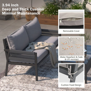 English Elm K&k Outdoor 4 Piece Rope Woven Patio Set with Tempered Glass Table Deep Cushions Grey SK000003AAG