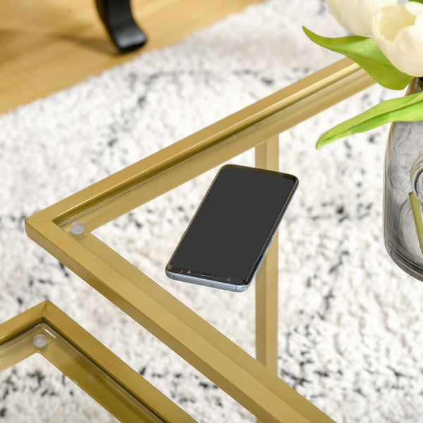 English Elm HOMCOM Gold Tempered Glass Coffee Table with Two Staggered Square Tops, Modern Stable Accent Table W2225P156093