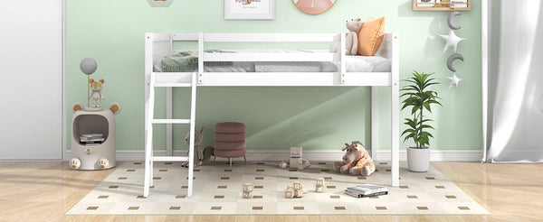 English Elm Twin Low Loft Bed with Ladder and Guardrails for Kids – Pine-MDF Durable Design, Safe Play Space White WF313084AAK