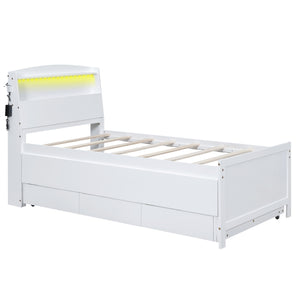 English Elm Twin Platform Bed with LED Headboard, Trundle & 3 Drawers White — Storage, Solid Wood Design GX000722AAK