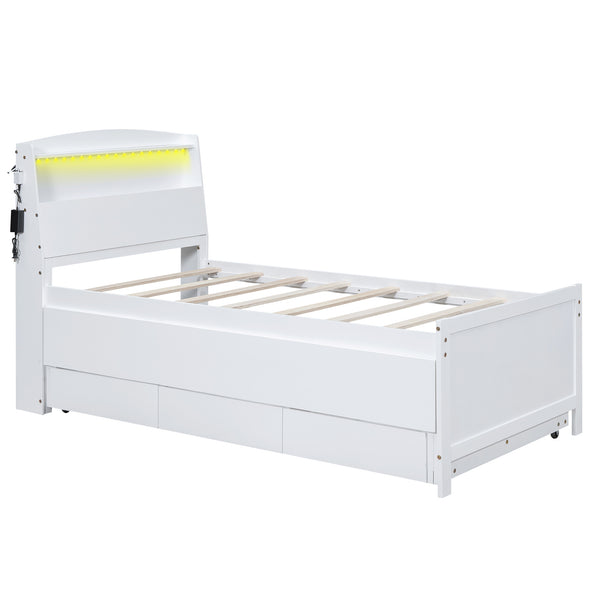 English Elm Twin Platform Bed with LED Headboard, Trundle & 3 Drawers White — Storage, Solid Wood Design GX000722AAK