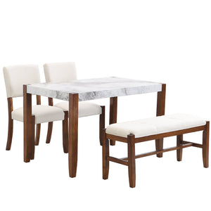 English Elm 4-Piece Modern Dining Set with 46" Faux Marble Table, Upholstered Bench & Chairs, Space-Saving Chic SQ000084AAK