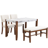 English Elm 4-Piece Modern Dining Furniture Set, 4-Person Space-Saving Dinette For Kitchen, 46" Faux Marble Style Table and 2 Upholstered Chairs & Bench With Wood Legs