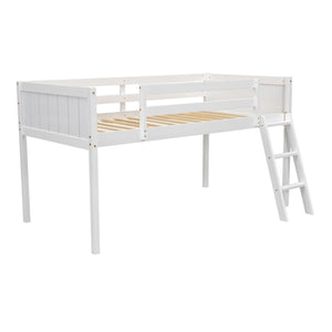 English Elm Twin Low Loft Bed with Ladder and Guardrails for Kids – Pine-MDF Durable Design, Safe Play Space White WF313084AAK
