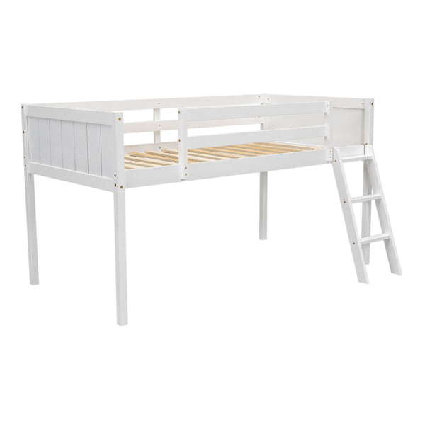 English Elm Twin Low Loft Bed with Ladder and Guardrails for Kids – Pine-MDF Durable Design, Safe Play Space White WF313084AAK