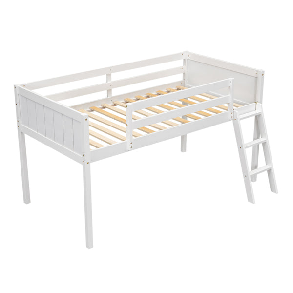 English Elm Twin Low Loft Bed with Ladder and Guardrails for Kids – Pine-MDF Durable Design, Safe Play Space White WF313084AAK