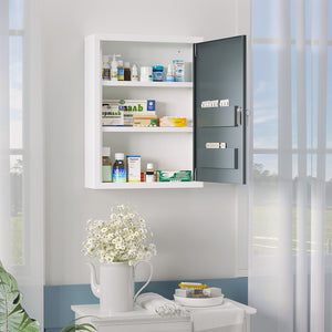 English Elm Kleankin Bathroom Medicine Cabinet With Shelves Inside & On Door, Locking Medical Cabinet For Child & Pet Safety, First Aid Bathroom Wall Cabinet, White and Grey