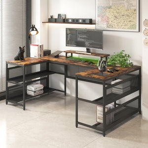 English Elm U Shaped Gaming Workstation with Led Lighting Monitor Shelf and Triple Surface Layout W578P149137
