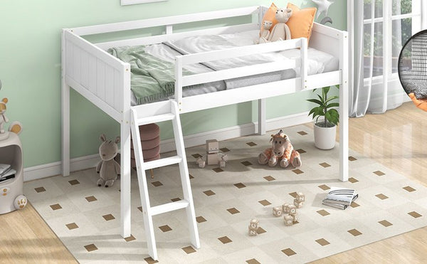 English Elm Twin Low Loft Bed with Ladder and Guardrails for Kids – Pine-MDF Durable Design, Safe Play Space White WF313084AAK