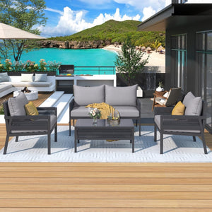 English Elm K&k Outdoor 4 Piece Rope Woven Patio Set with Tempered Glass Table Deep Cushions Grey SK000003AAG