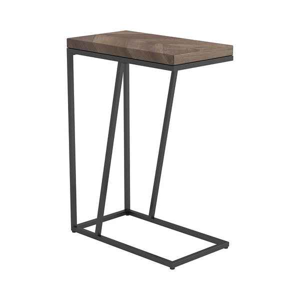 English Elm Rustic Tobacco Herringbone Accent Table with Sandy Black Metal Legs, Modern Angled Silhouette - 25"H B062P153914