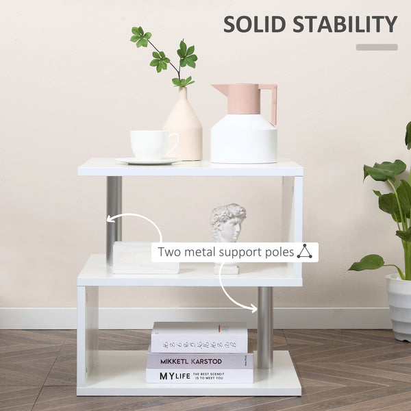 English Elm HOMCOM S-Shaped 3-Tier Modern End Table with Steel Poles, Storage Shelves, Lightweight White Finish W2225P156084