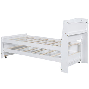English Elm Twin Platform Bed with LED Headboard, Trundle & 3 Drawers White — Storage, Solid Wood Design GX000722AAK