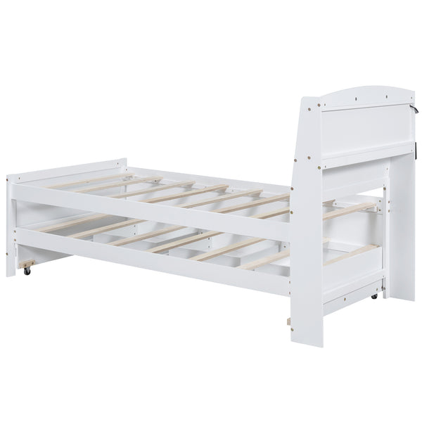 English Elm Twin Platform Bed with LED Headboard, Trundle & 3 Drawers White — Storage, Solid Wood Design GX000722AAK