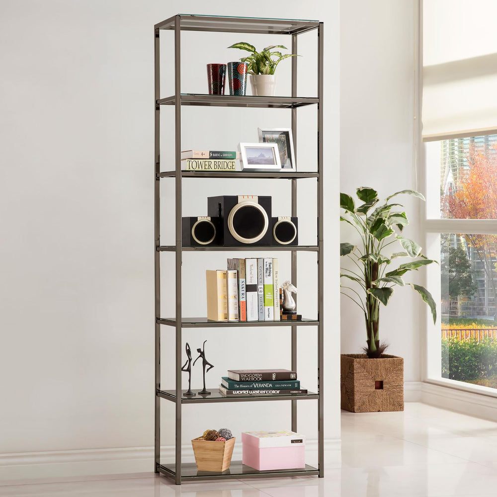 English Elm Black Black Nickel 6-Tier Bookcase with Tempered Glass Shelves, Sleek Metal Frame, Urban Modern Storage Solution B062P153917