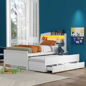 English Elm Twin Platform Bed with LED Headboard, Trundle & 3 Drawers White — Storage, Solid Wood Design GX000722AAK