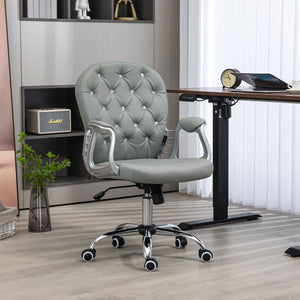 English Elm Vinsetto Pu Leather Home Office Chair, Button Tufted Desk Chair With Padded Armrests, Adjustable Height and Swivel Wheels, Gray