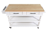 English Elm 56 Inch Rolling Kitchen Island With Storage,Kitchen Cart With Solid Oak Wood Top,Two-Sided Kitchen Island Cart On Wheels ,Wine and Spice Rack, Large Kitchen Cart With 2 Drawers, Milk White+Natural Top