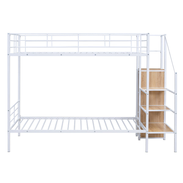 English Elm Twin Metal Bunk Bed with Built-In Desk, Lateral Storage Ladder and Under-Ladder Wardrobe Space-saving design for kids and teens White MF315578AAK