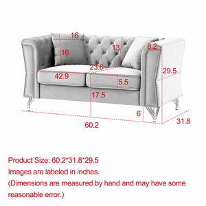 English Elm 60.2" Chesterfield Sofa Elegant Beige Velvet 2-Seater Tufted Couch with Metal Legs, Nailhead Trim for Living Room Grey W834S00175